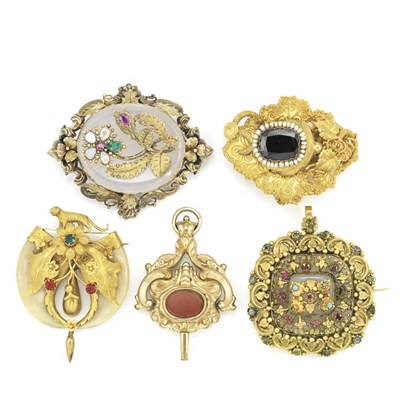Lot 226 - Four Antique Gold and Stone Brooches and Carnelian Watch Fob