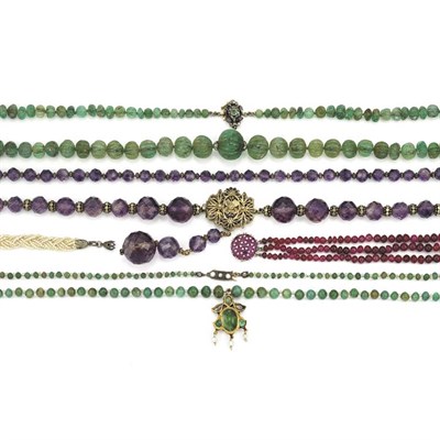 Lot 521 - Four Colored Stone Bead Necklaces and Seed Pearl Bracelet