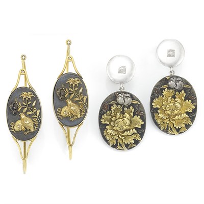 Lot 503 - Two Pairs of Japanese Shakudo Earrings