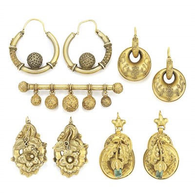 Lot 304 - Four Pairs of Antique Gold Earrings and Brooch