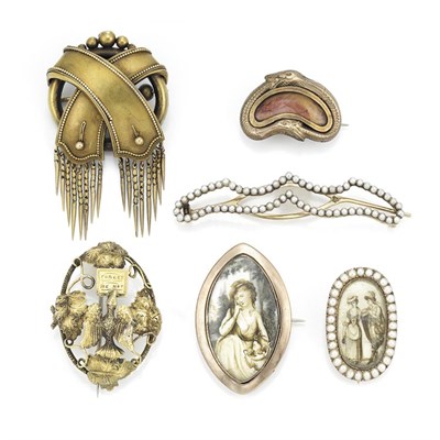 Lot 416 - Five Antique Brooches and One Barrette