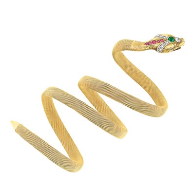 Lot 323 - Antique Gold, Colored Stone and Diamond Serpent Bracelet
