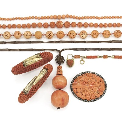 Lot 593 - Group of Carved Coral and Coral Bead Jewelry