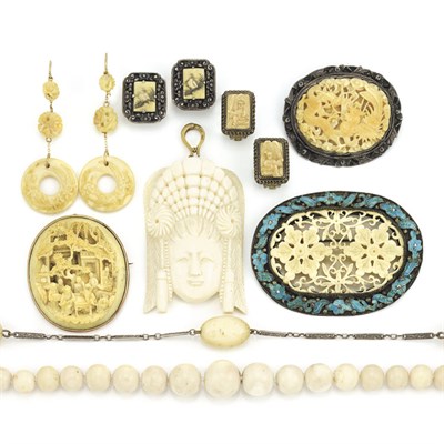 Lot 442 - Group of Antique Ivory Jewelry and Coral Bead Necklace