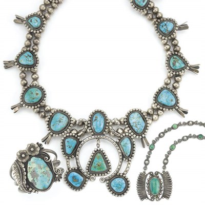 Lot 205 - Two Native American Silver and Turquoise Necklaces and Bangle Bracelet