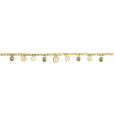 Lot 319 - Gold, Golden Cultured Pearl, Yellow Sapphire and Diamond Chain Necklace