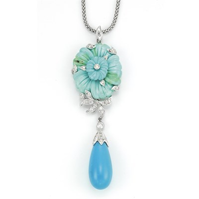 Lot 150 - White Gold, Diamond and Turquoise Pendant-Necklace