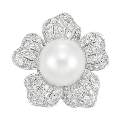 Lot 331 - White Gold, Cultured Pearl and Diamond Flower Ring
