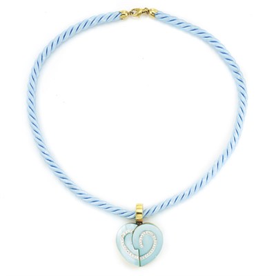 Lot 87 - Dyed Blue Mother-of-Pearl and Diamond Heart Pendant with Blue Silk Cord Necklace