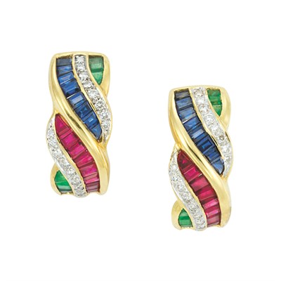 Lot 222 - Pair of Gold, Gem-Set and Diamond Half-Hoop Earclips