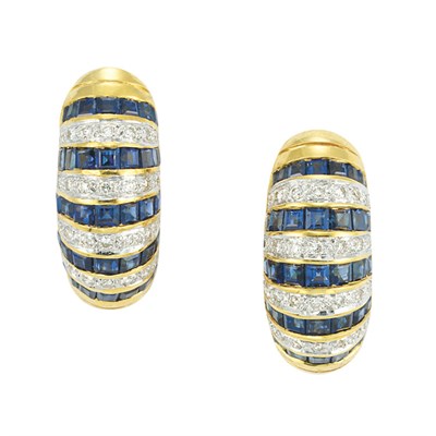Lot 132 - Pair of Gold, Sapphire and Diamond Half-Hoop Earrings