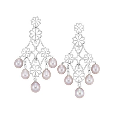 Lot 423 - Pair of White Gold, Pink Freshwater Pearl and Diamond Pendant-Earrings