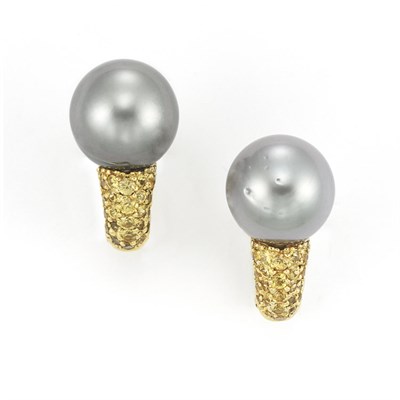 Lot 57 - Pair of Gold, Gray Cultured Pearl and Yellow Sapphire Earrings