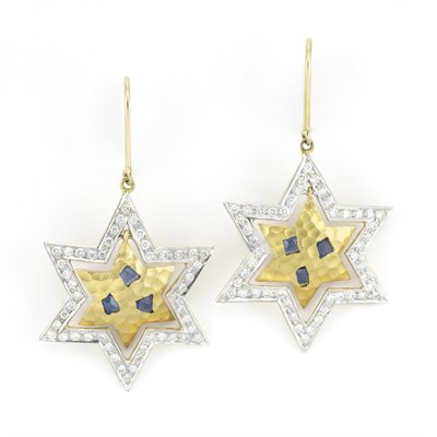 Lot 74 - Pair of Gold, Diamond and Sapphire Star Pendant-Earrings, Lunia