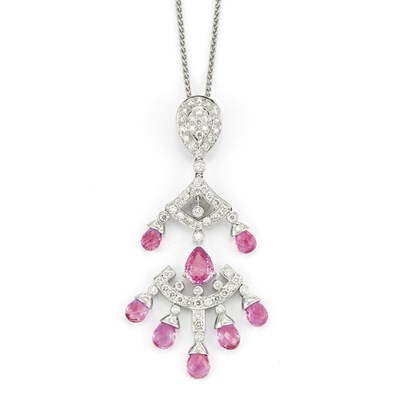 Lot 262 - White Gold, Diamond and Pink Sapphire Pendant with Chain