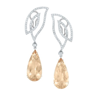Lot 376 - Pair of White Gold, Diamond and Morganite Pendant-Earrings