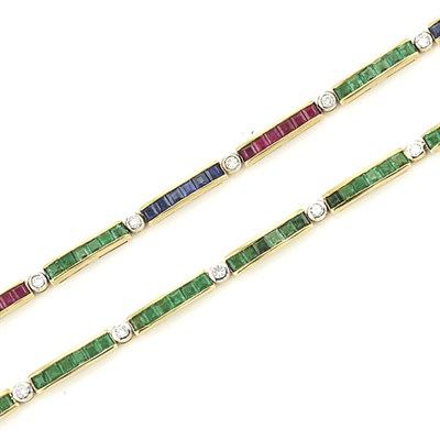 Lot 541 - Two Gold, Ruby, Sapphire, Emerald and Diamond Bracelets