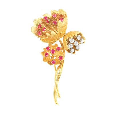 Lot 310 - Gold, Ruby and Diamond Flower Clip-Brooch