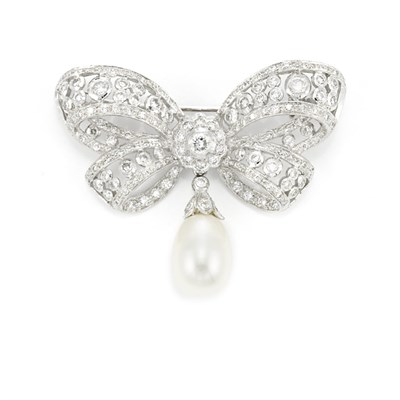 Lot 460 - White Gold, Diamond and Biwa Pearl Bow Brooch