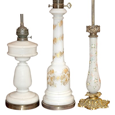 Lot 118 - Two Milk Glass Lamps; Together with a Floral...