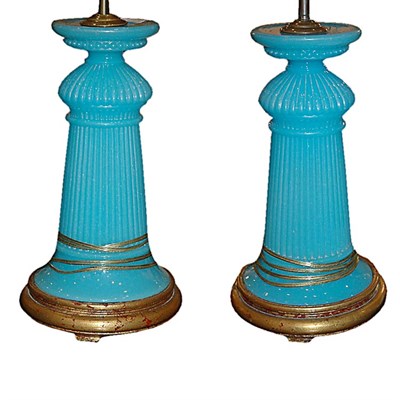 Lot 171 - Pair of Blue Opaline Glass Lamps Height 13 1/2...