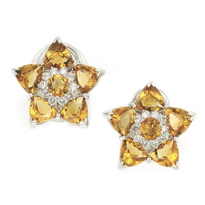 Lot 330 - Pair of Citrine and Diamond Flower Earrings