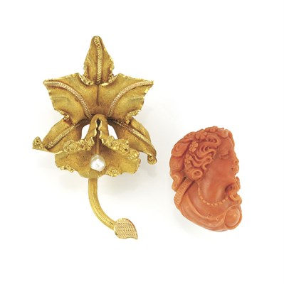Lot 307 - Gold and Freshwater Pearl Flower Brooch and Coral Cameo Brooch