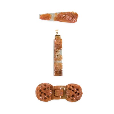 Lot 328 - Three Chinese Red and Celadon Jadeite Items...