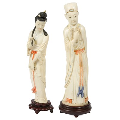 Lot 90 - Two Chinese Polychrome Painted Ivory Figures...