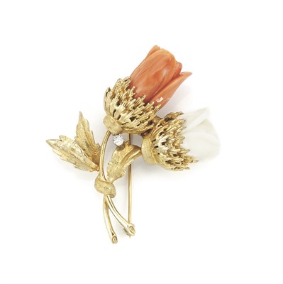 Lot 324 - Gold, Carved Coral and Diamond Flower Brooch