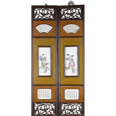 Lot 166 - Pair of Chinese Porcelain Inset Wood Panels...