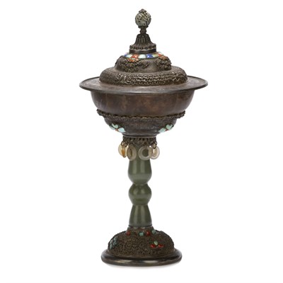 Lot 336 - Mongolian Silver and Jade Covered Censer 19th...