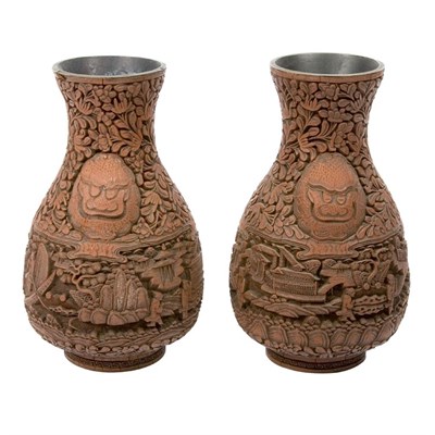 Lot 145 - Pair of Chinese Cinnabar Lacquer Vases Each of...