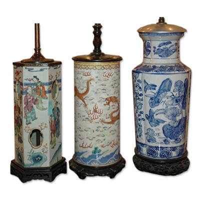 Lot 234 - Group of Three Chinese Porcelain Lamps Height...