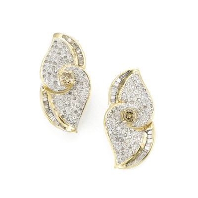 Lot 333 - Pair of Two-Color Gold, Diamond and Brown Diamond Earrings