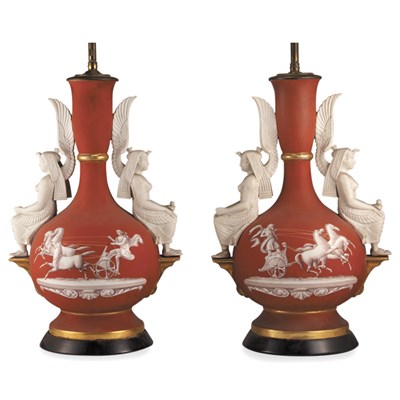 Lot 394 - Pair of Egyptian Revival Style Porcelain Lamps...