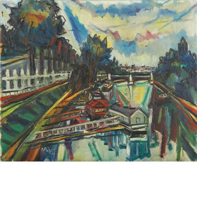 Lot 59 - Isaac Pailes French, 1895-1978 Houseboats on...