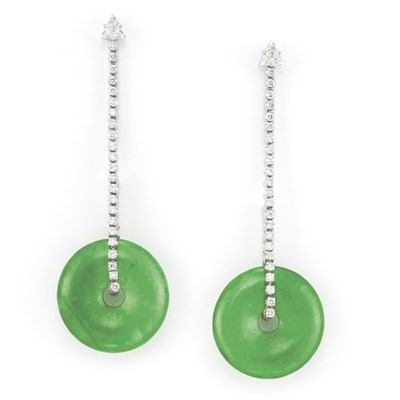Lot 551 - Pair of White Gold, Diamond and Jade Pendant-Earrings