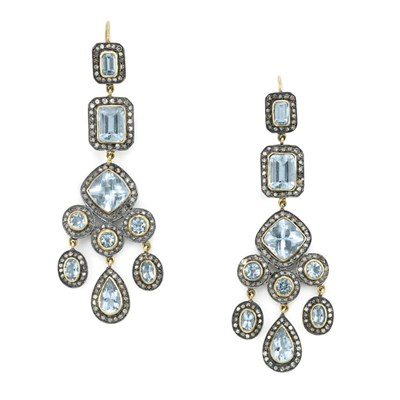 Lot 568 - Pair of Silver, Gold, Aquamarine and Diamond Pendant-Earrings