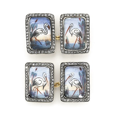 Lot 548 - Pair of Gold, Silver, Painted Porcelain and Diamond Cufflinks