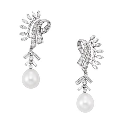 Lot 594 - Pair of Platinum, Diamond and Cultured Pearl Pendant-Earrings