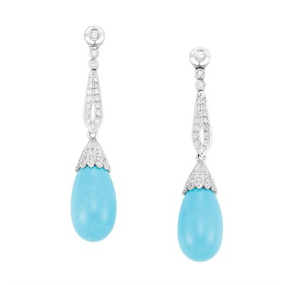 Lot 64 - Pair of White Gold, Diamond and Turquoise Pendant-Earrings