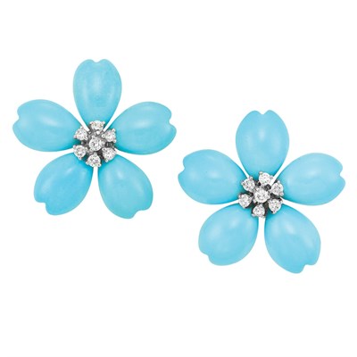 Lot 228 - Pair of Turquoise and Diamond Flower Earrings