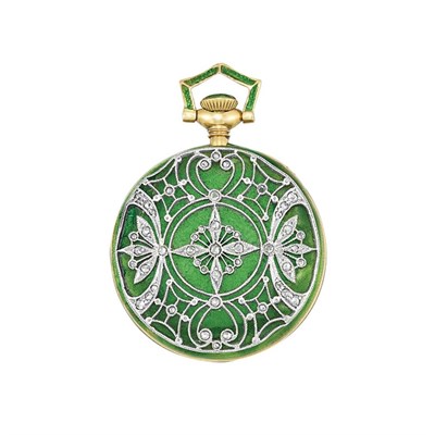 Lot 640 - Edwardian Gold, Platinum, Green Guilloche Enamel and Diamond Pendant-Watch, Tiffany & Co.