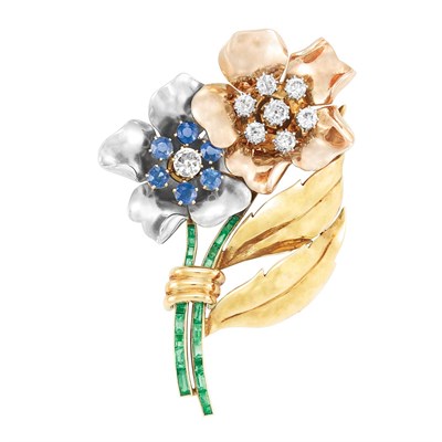 Lot 444 - Tricolor Gold, Diamond, Sapphire and Emerald Flower Clip