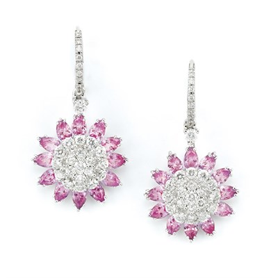Lot 552 - Pair of Diamond and Pink Sapphire Pendant-Earrings