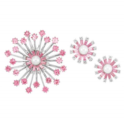 Lot 468 - White Gold, Pink Sapphire, Diamond and Cultured Pearl Brooch and Pair of Earclips