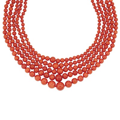 Lot 276 - Five Strand Oxblood Coral Bead Necklace with Gold, Platinum, Star Sapphire and Diamond Clasp