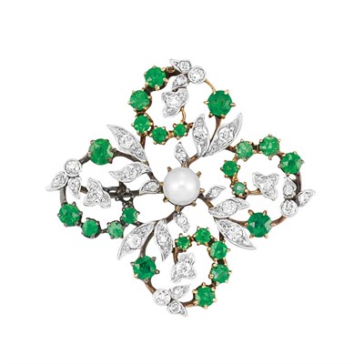 Lot 187 - Antique Demantoid Garnet, Diamond and Pearl Pendant-Brooch
