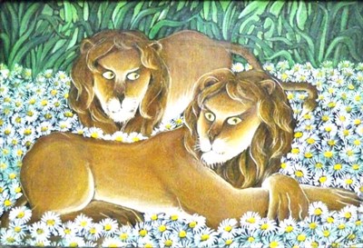 Lot 57 - Gustave Novoa Chilean, b.1941 Lions in a Field...